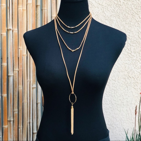 Tan Suede & Gold Beaded Choker Tassel Necklace - Picture 6 of 6